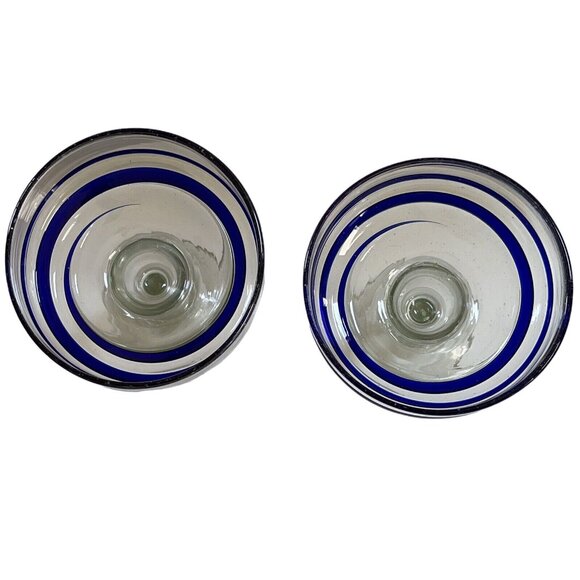 Set of 2 heavy Margarita glasses unbranded clear blue swirl hand blown 7” tall - Picture 2 of 6